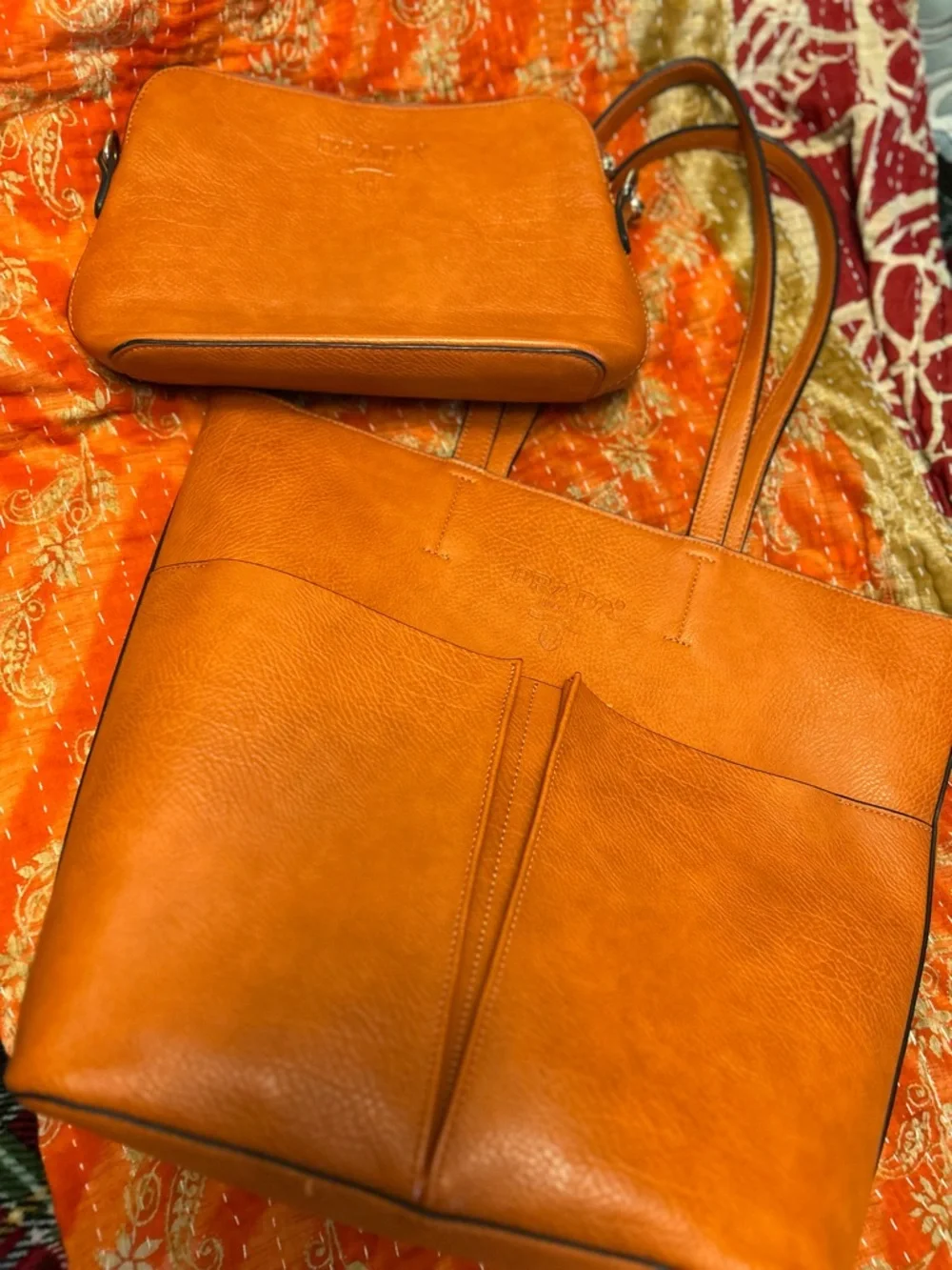 Leather Tote and Crossbody Set in Warm Sunset Orange - Picture 1 of 2